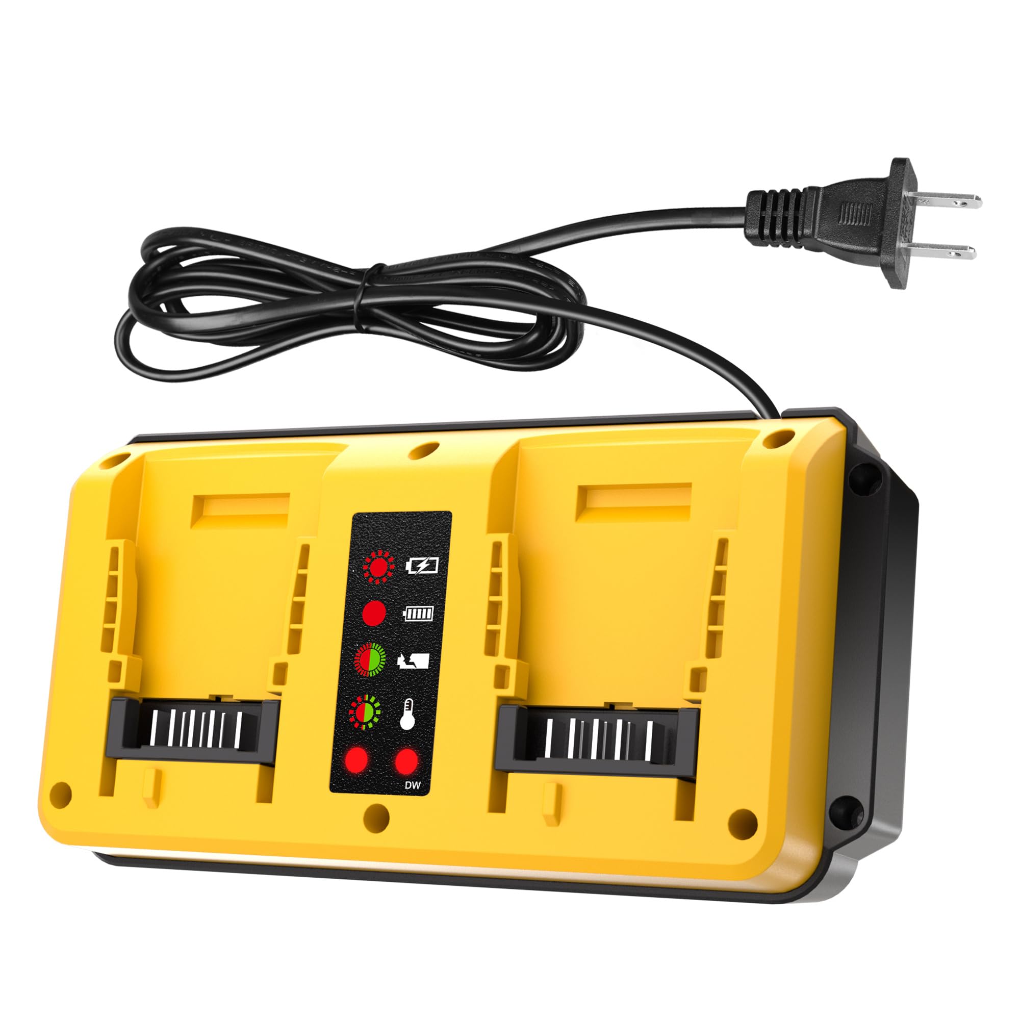 Leisuda dual-port charger powering two DeWalt 20V batteries simultaneously.