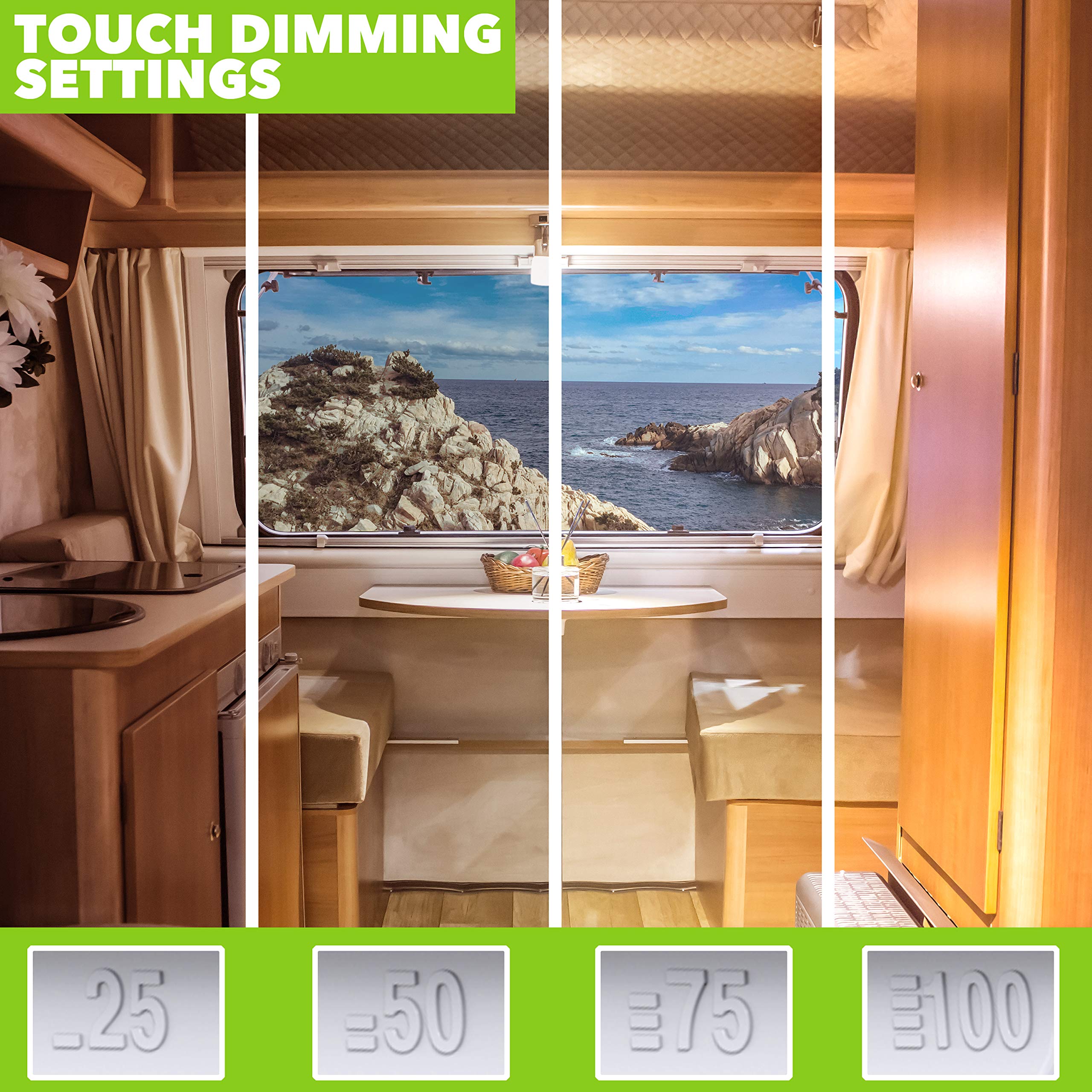 Leisure LED heat-resistant and anti-corrosive construction for durable RV lighting.