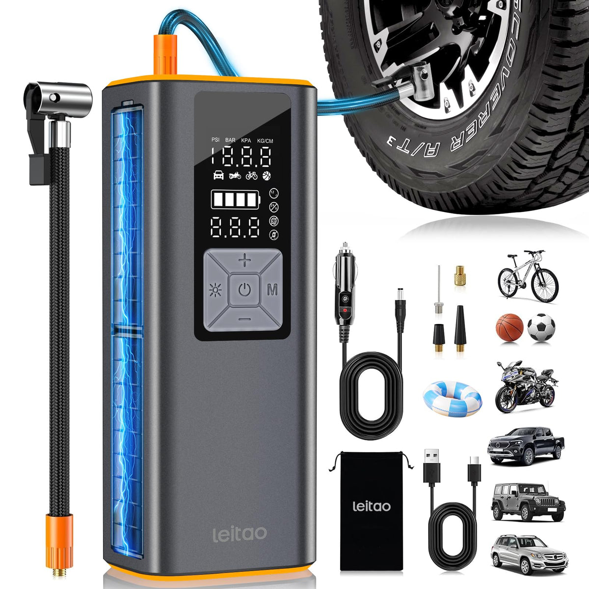 LEITAO cordless tire inflator front view highlights compact portability for on-the-go inflation.
