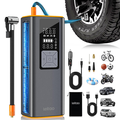 LEITAO cordless tire inflator front view highlights compact portability for on-the-go inflation.