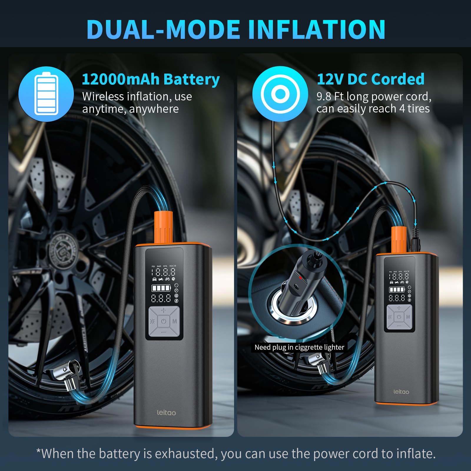 LEITAO dual power sources with 12V DC and USB-C for charging at home or road.