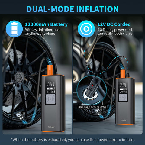 LEITAO dual power sources with 12V DC and USB-C for charging at home or road.