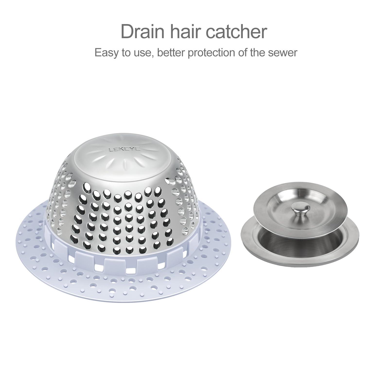 LEKEYE dome-shaped drain protector covering a drain to block debris.
