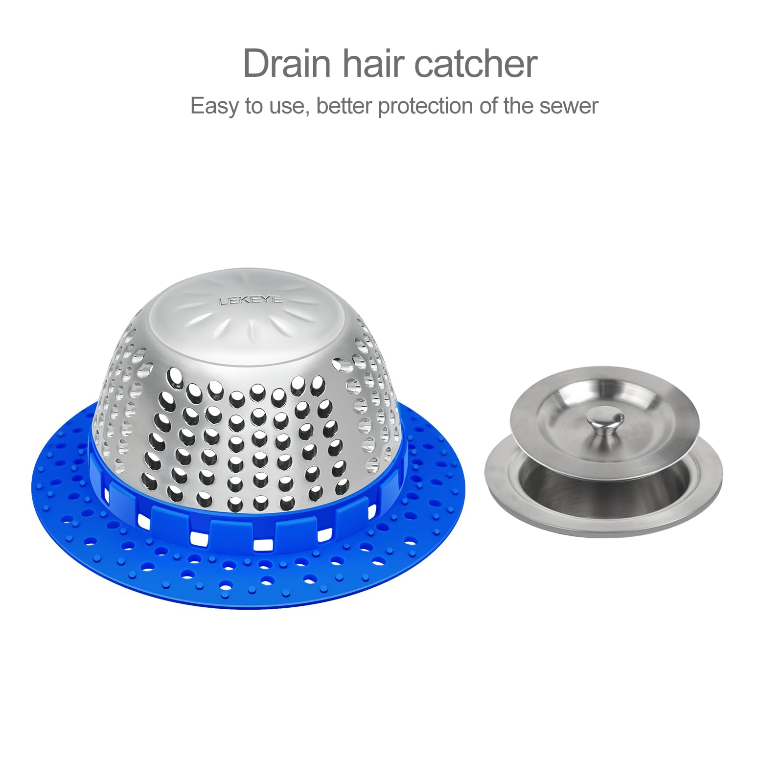 LEKEYE drain cover dome shape shown on drain, compatible with multiple drain types.