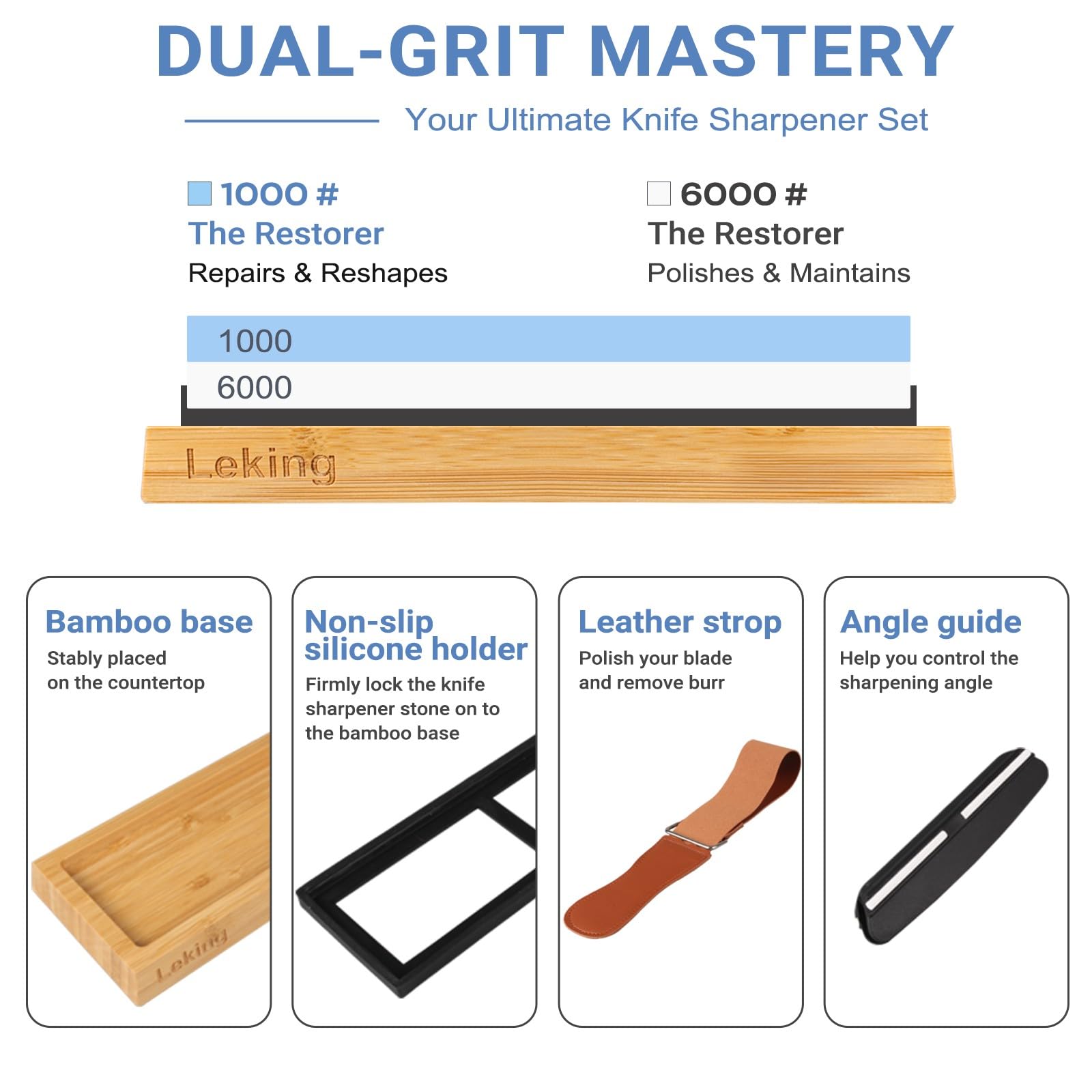 Leking bamboo base provides stable sharpening on any counter
