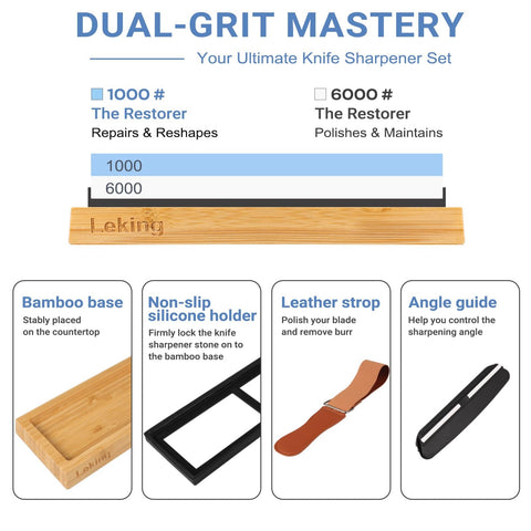 Leking bamboo base provides stable sharpening on any counter