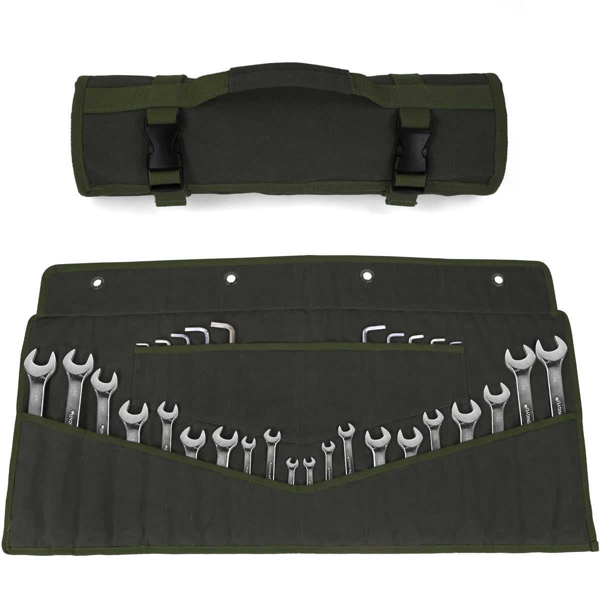 Lelezone heavy-duty wrench roll with 32 pockets on display for organized tools.