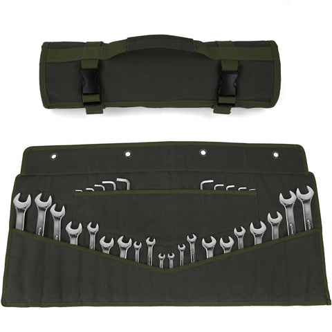 Lelezone heavy-duty wrench roll with 32 pockets on display for organized tools.