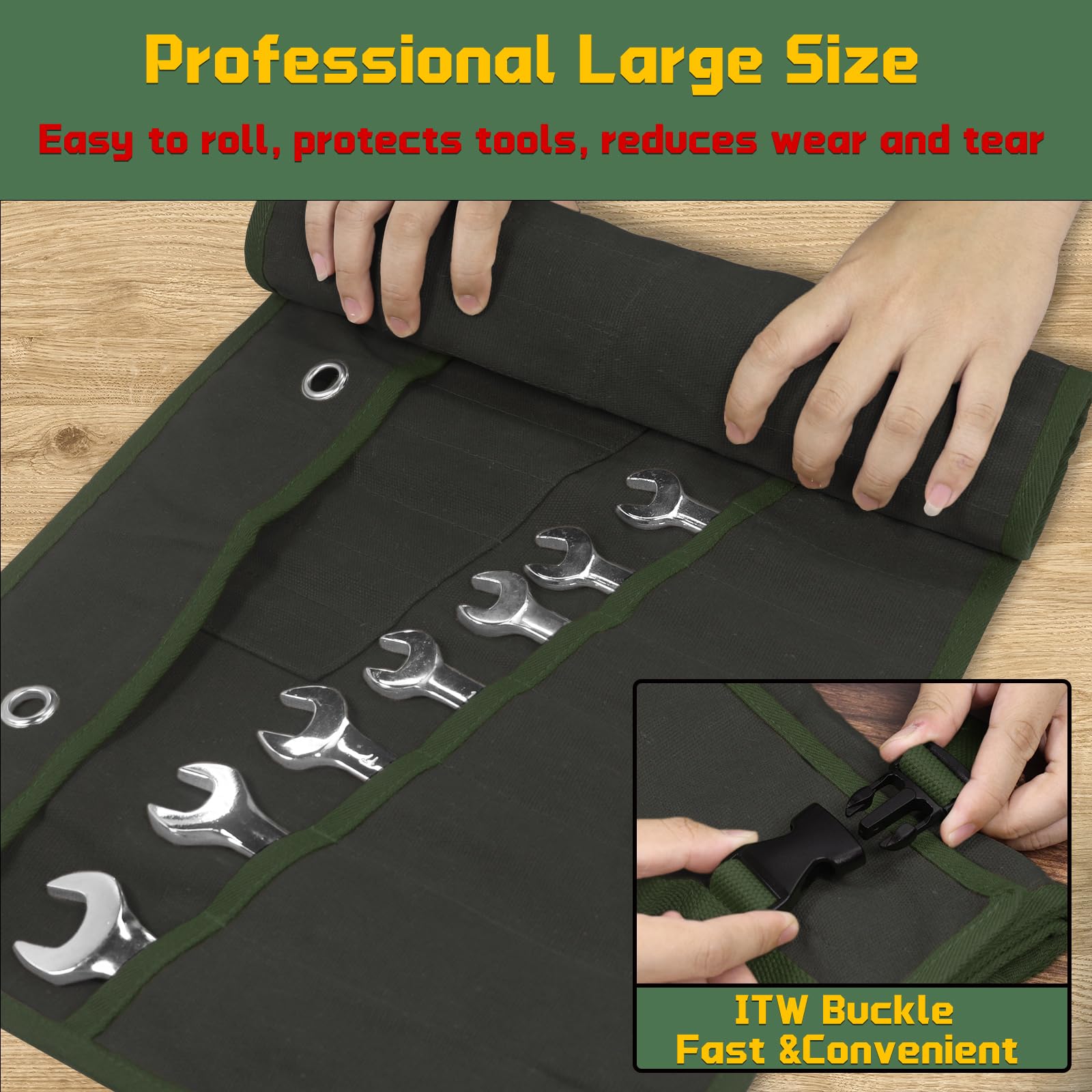 Lelezone multi-pocket wrench organizer highlighting compact storage.