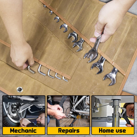 Four hanging loops on Lelezone Wrench Roll for wall storage