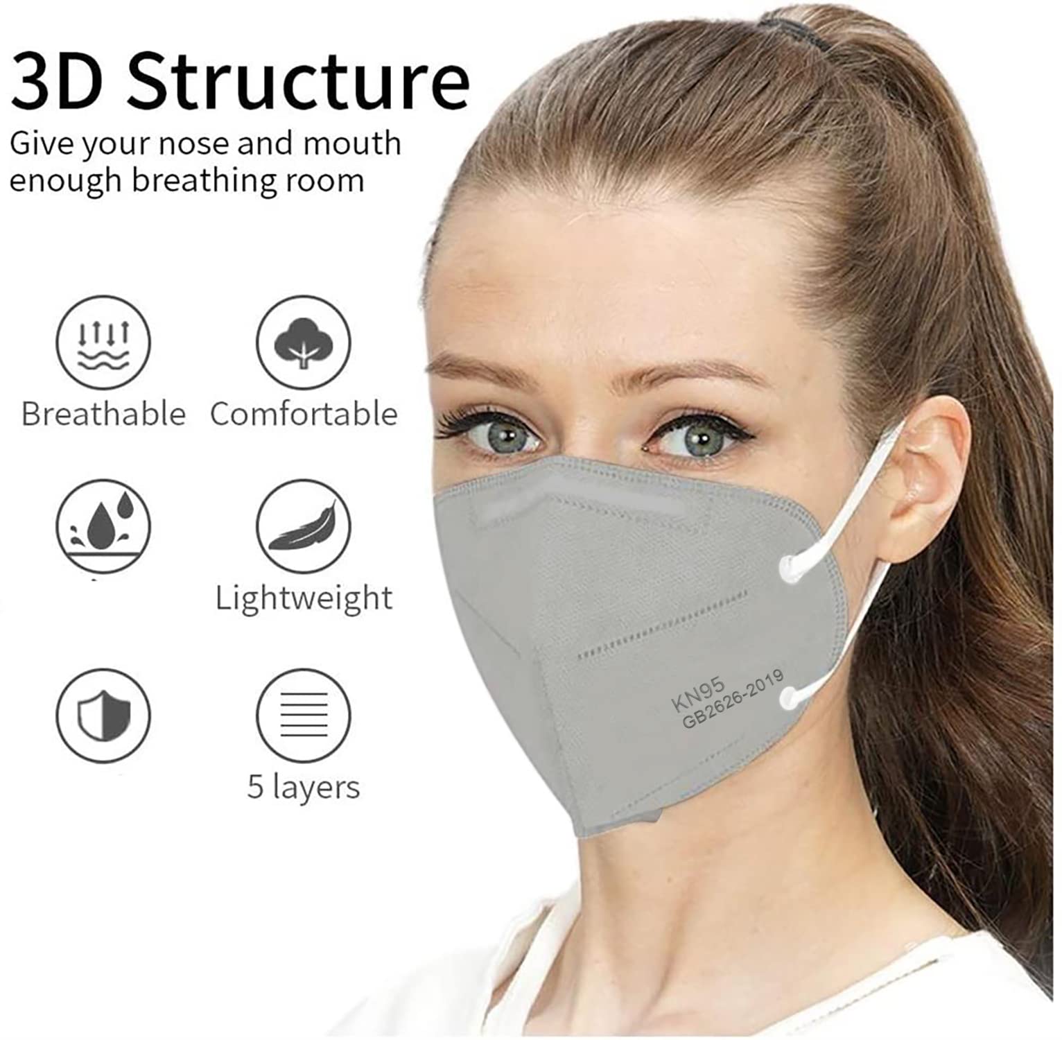 LEMENT grey mask flat lay showing snug fit and secure ear loops.