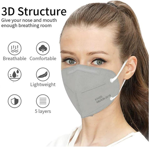 LEMENT grey mask flat lay showing snug fit and secure ear loops.
