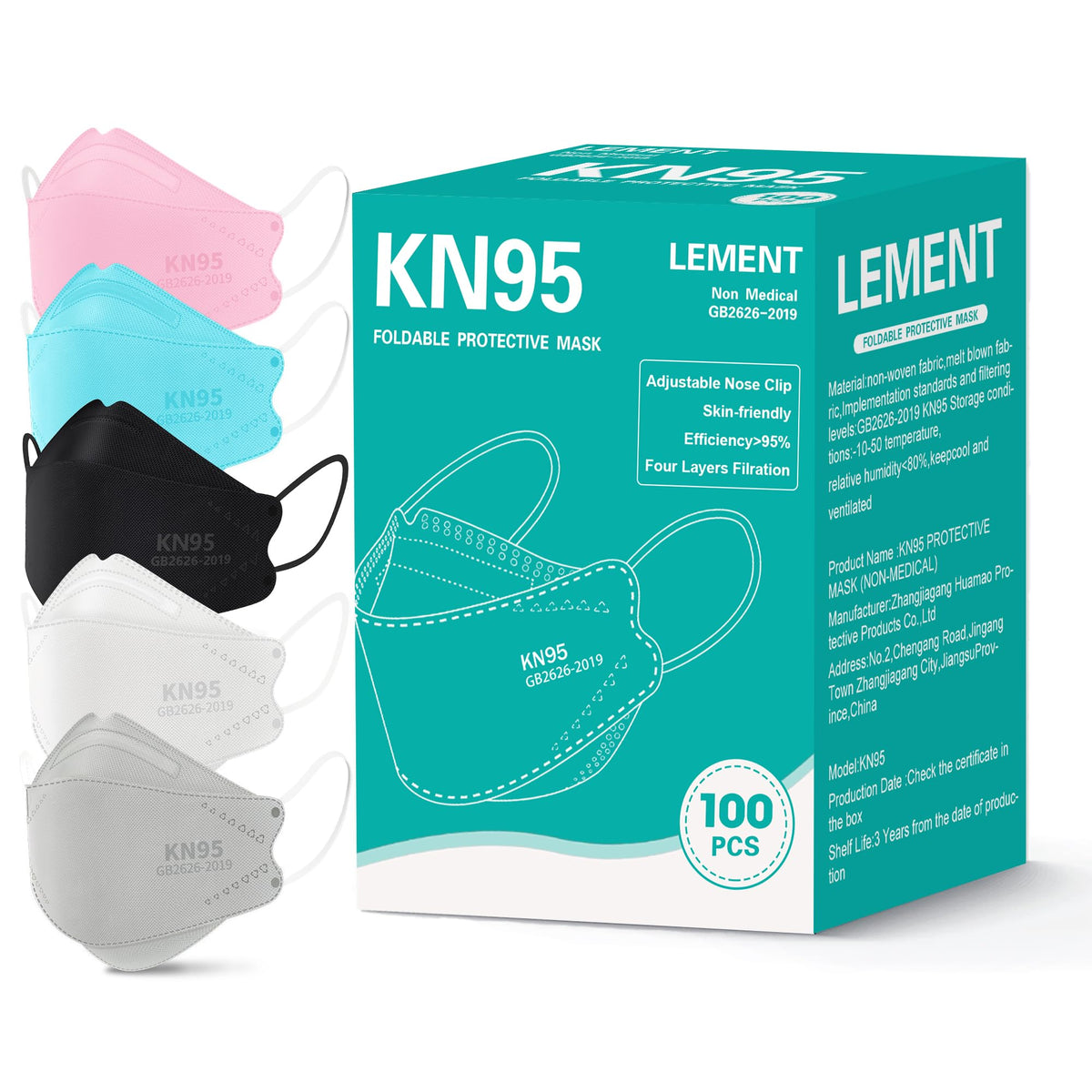 LEMENT KN95 face masks in a 100-pack box, bulk convenience for home and office.
