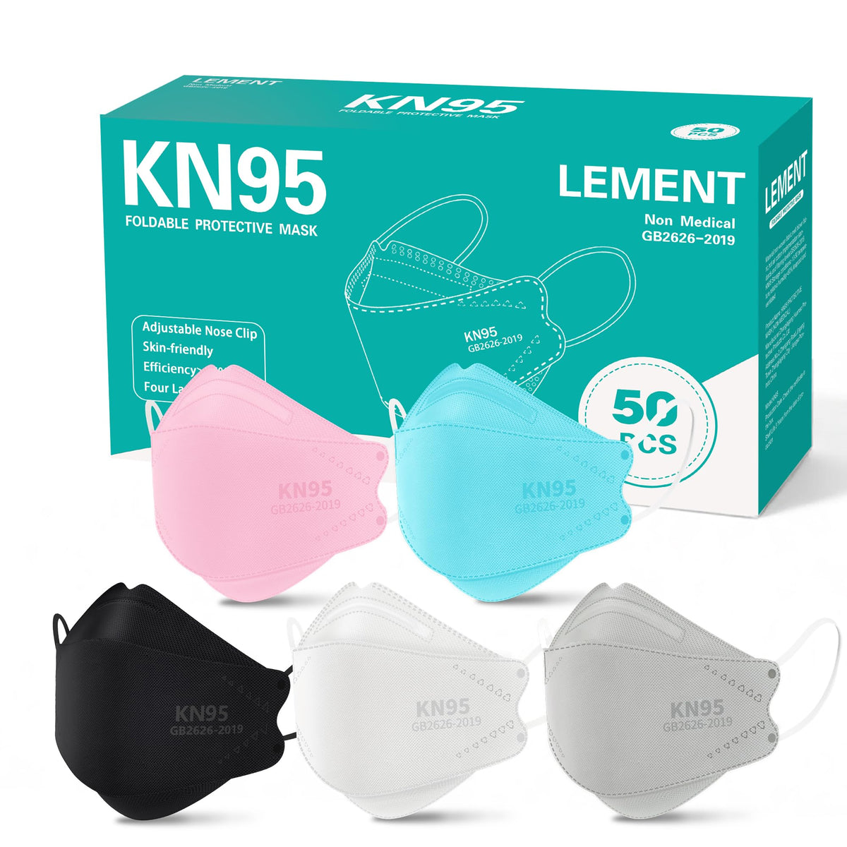 LEMENT KN95 mask multicolor packaging highlights portable 50-pack convenience for everyday use.
