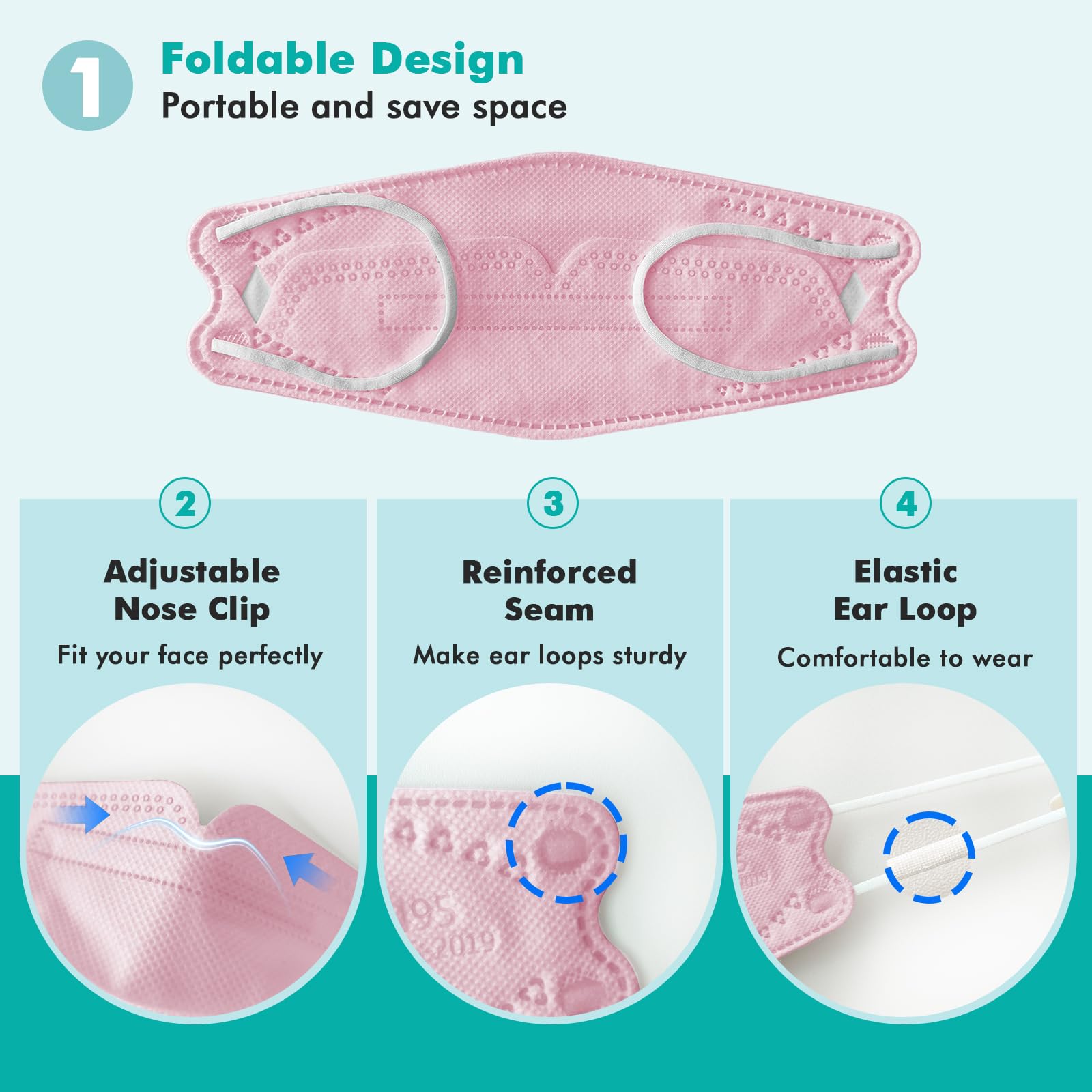 LEMENT KN95 pink folded mask shows compact portability for bags and travel.