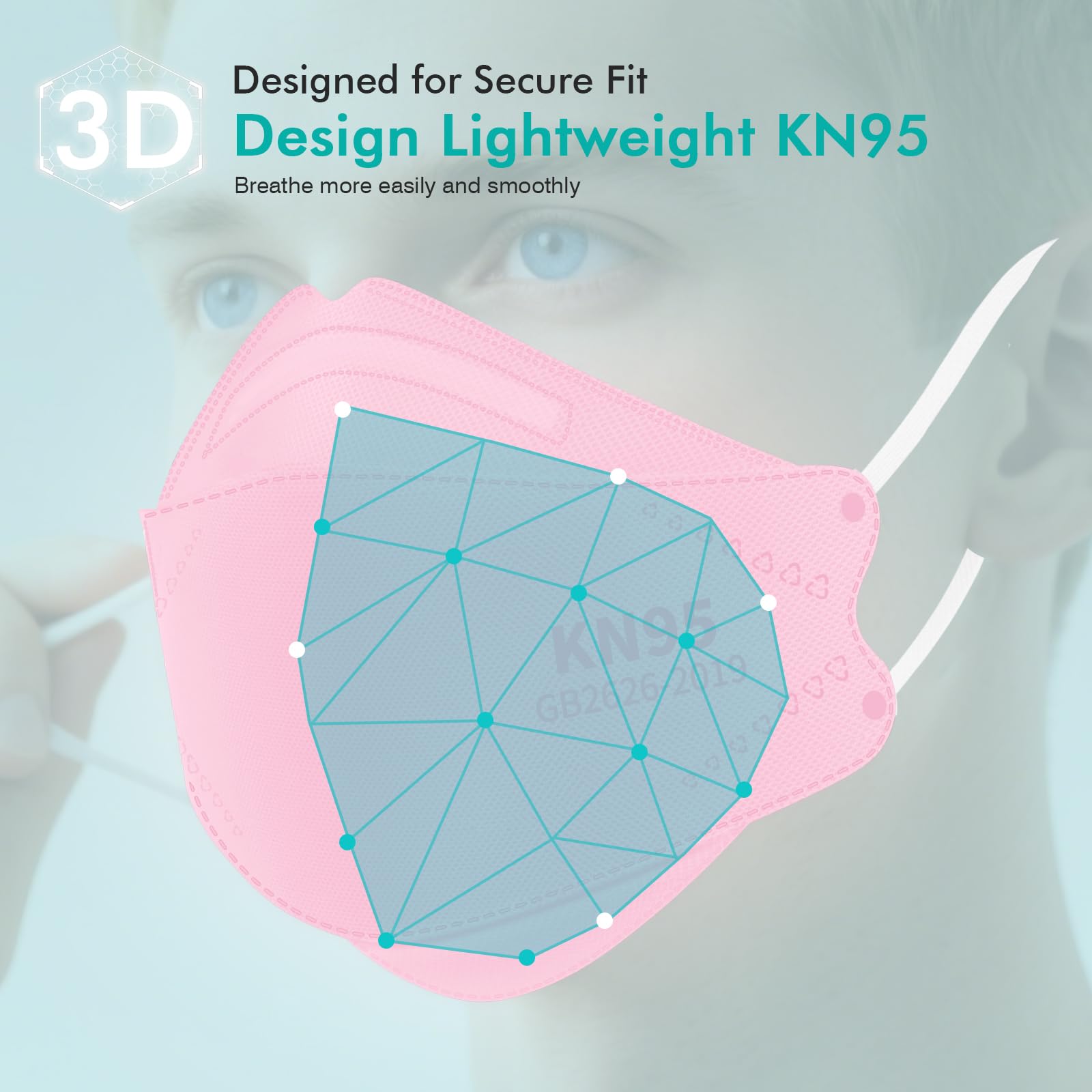LEMENT KN95 pink nose clip graphic demonstrates adjustable fit for many face shapes.
