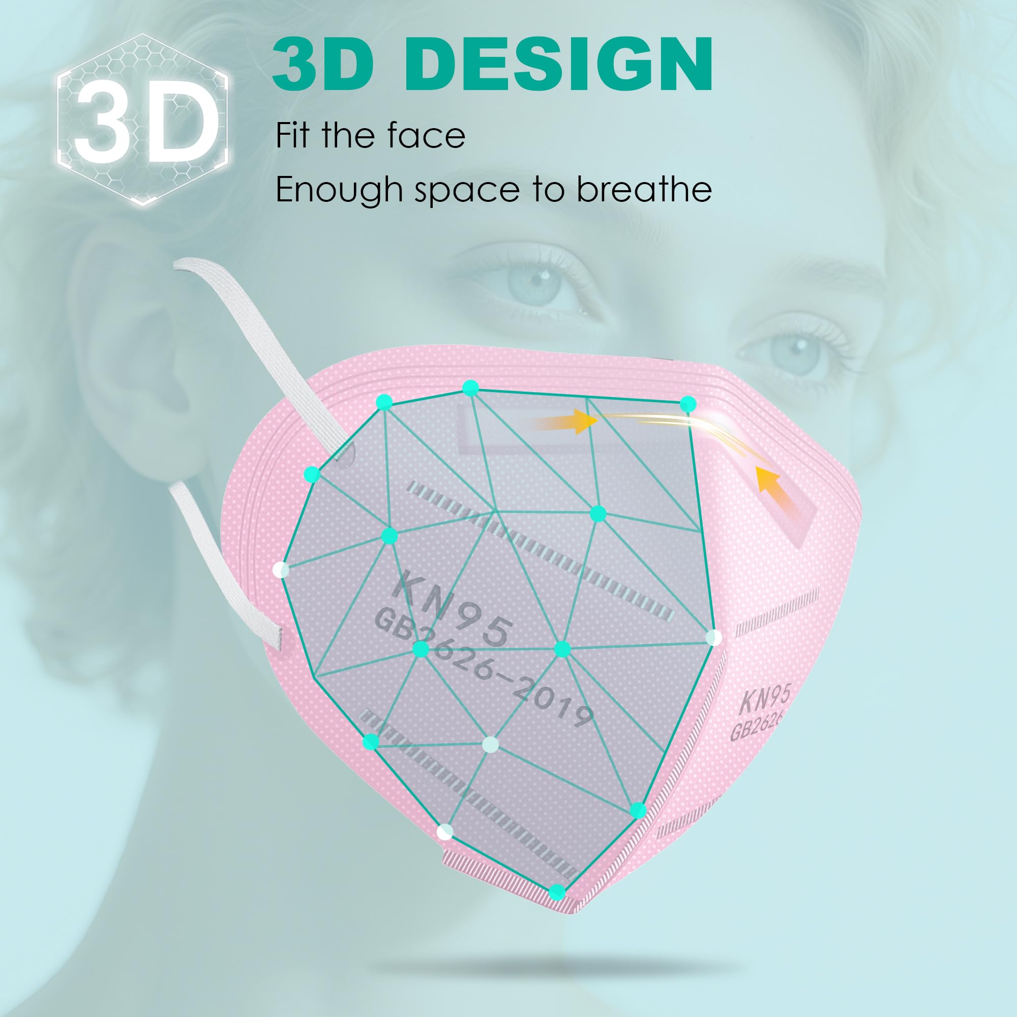 LEMENT KN95 pink mask side view demonstrates compact, comfortable fit for extended wear