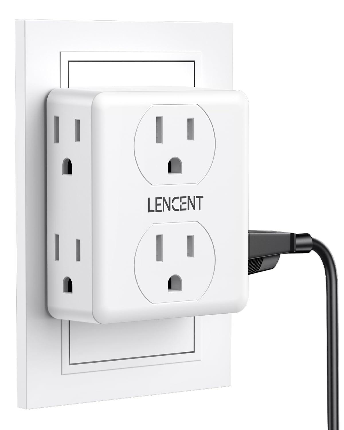 LENCENT 2-to-3 prong adapter plugged into a wall outlet, enabling multiple devices.
