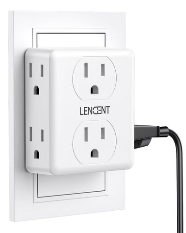 LENCENT 2-to-3 prong adapter plugged into a wall outlet, enabling multiple devices.