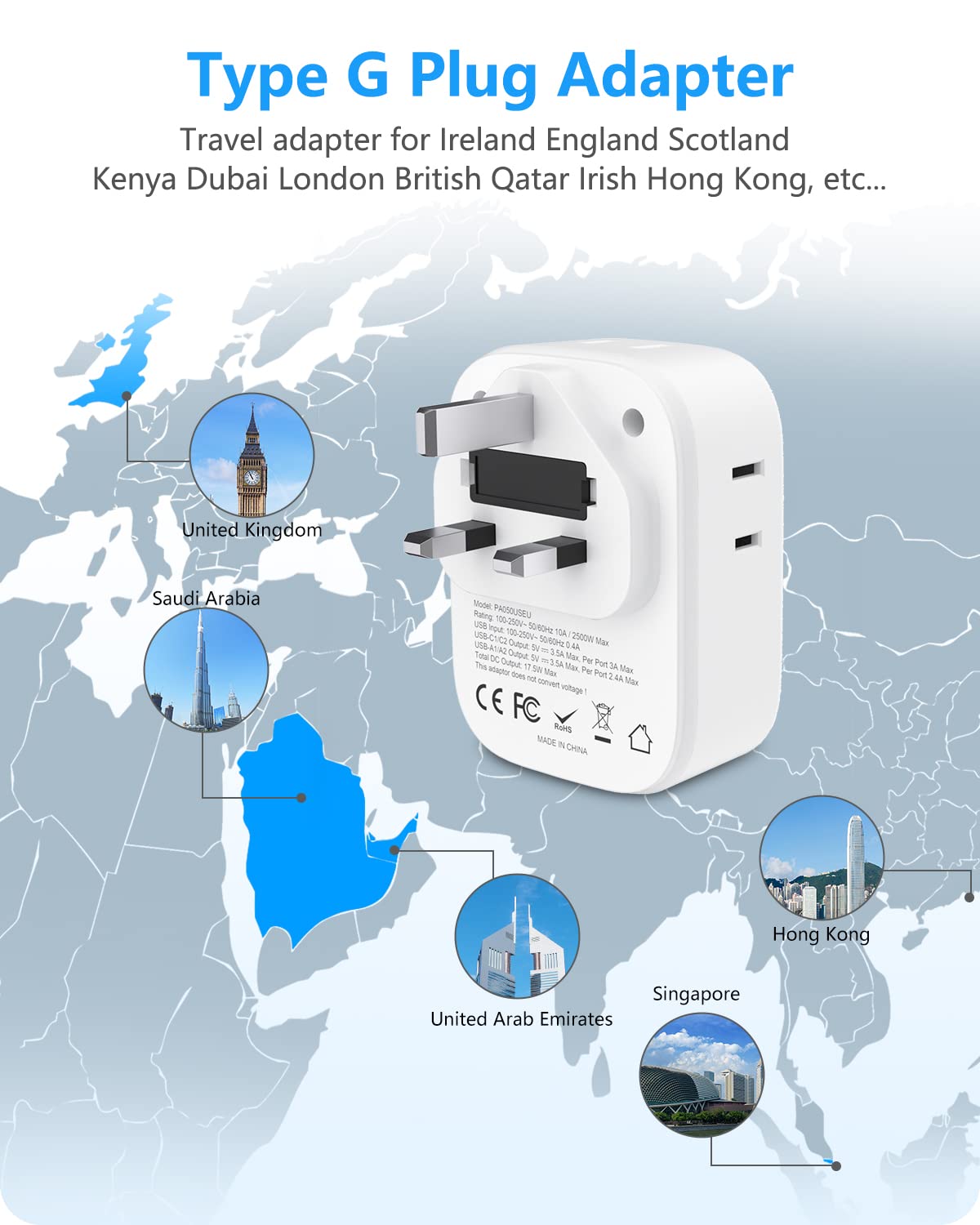 LENCENT 8-in-1 adapter converts UK socket to four outlets and four USB ports