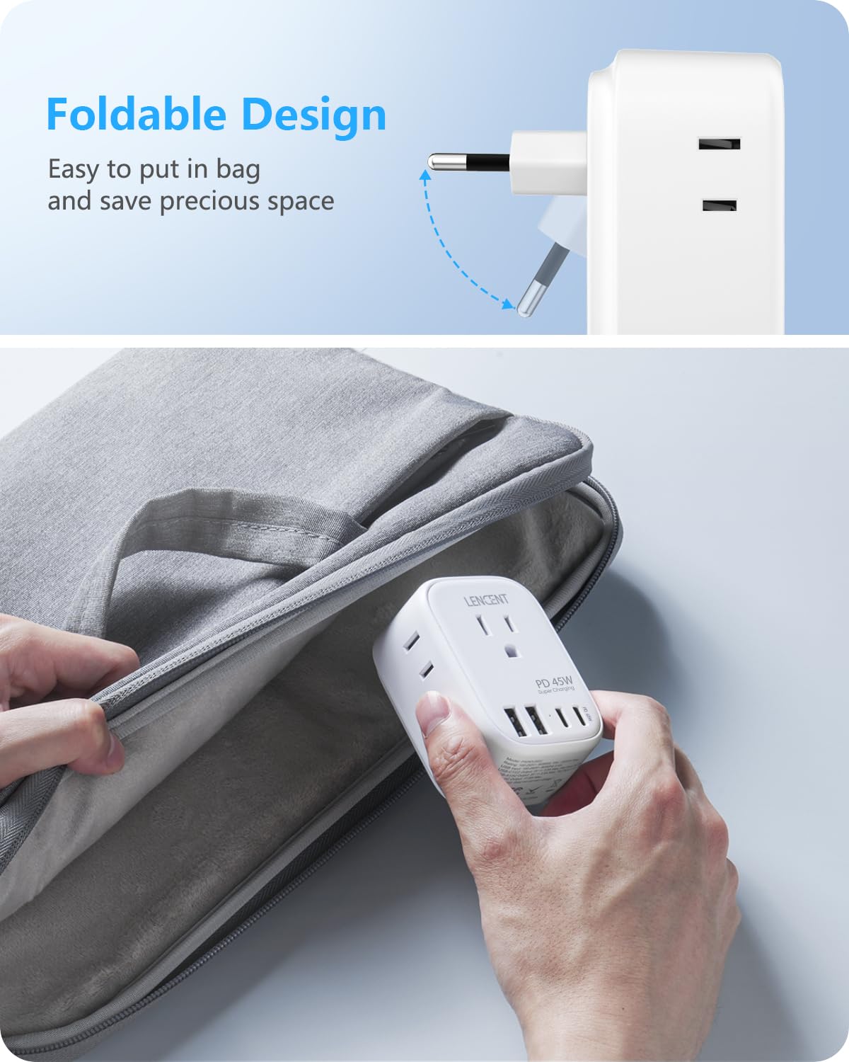 LENCENT 8-in-1 adapter powers four outlets and four USB ports simultaneously.