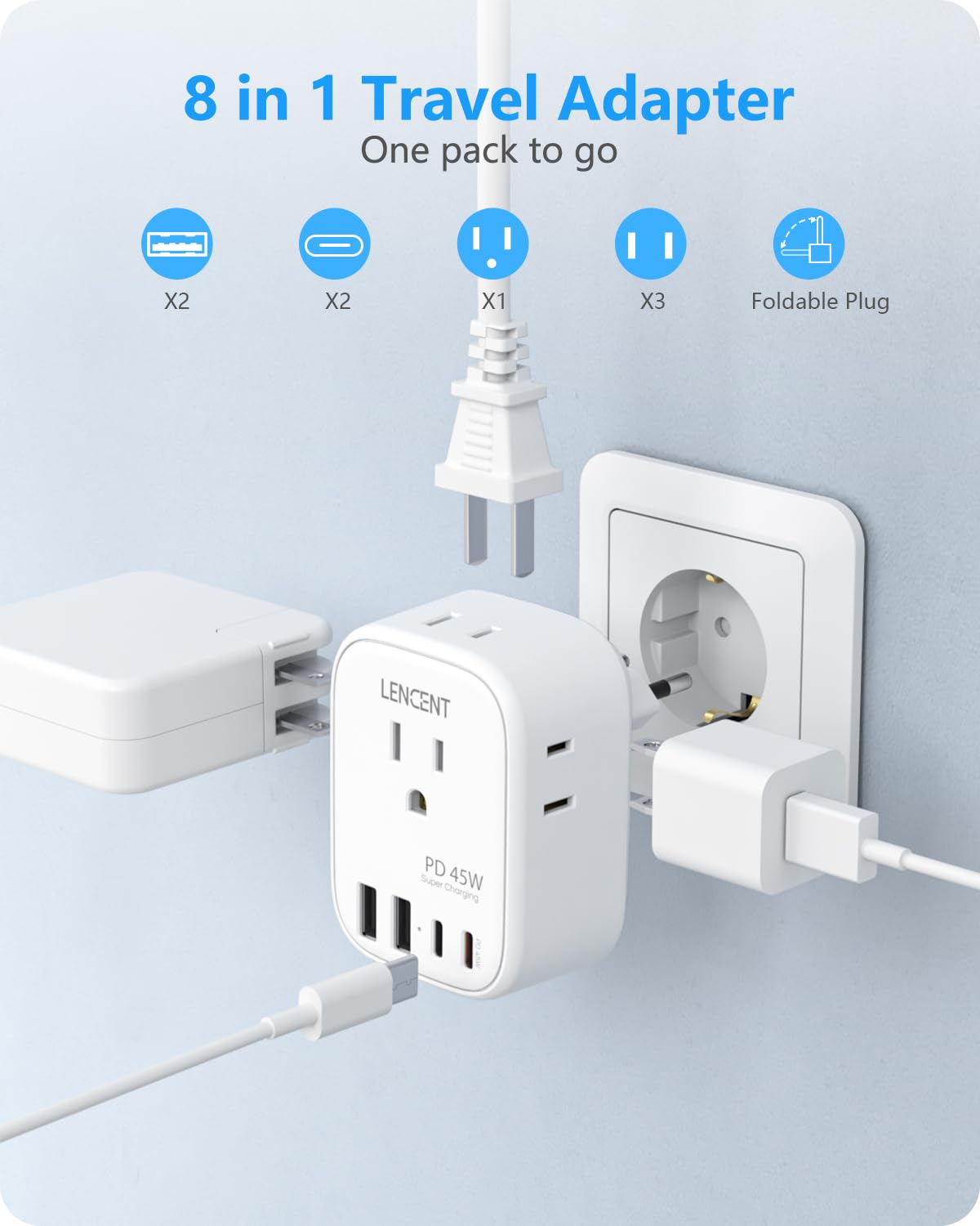LENCENT foldable plug design reduces bulk and protects surfaces.