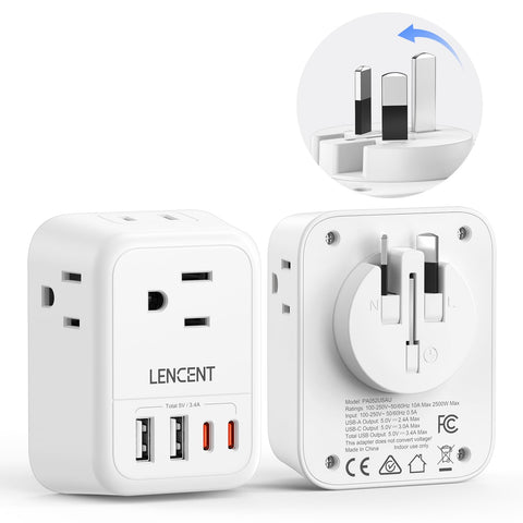 LENCENT foldable travel adapter for Australia, compact and portable for easy packing.