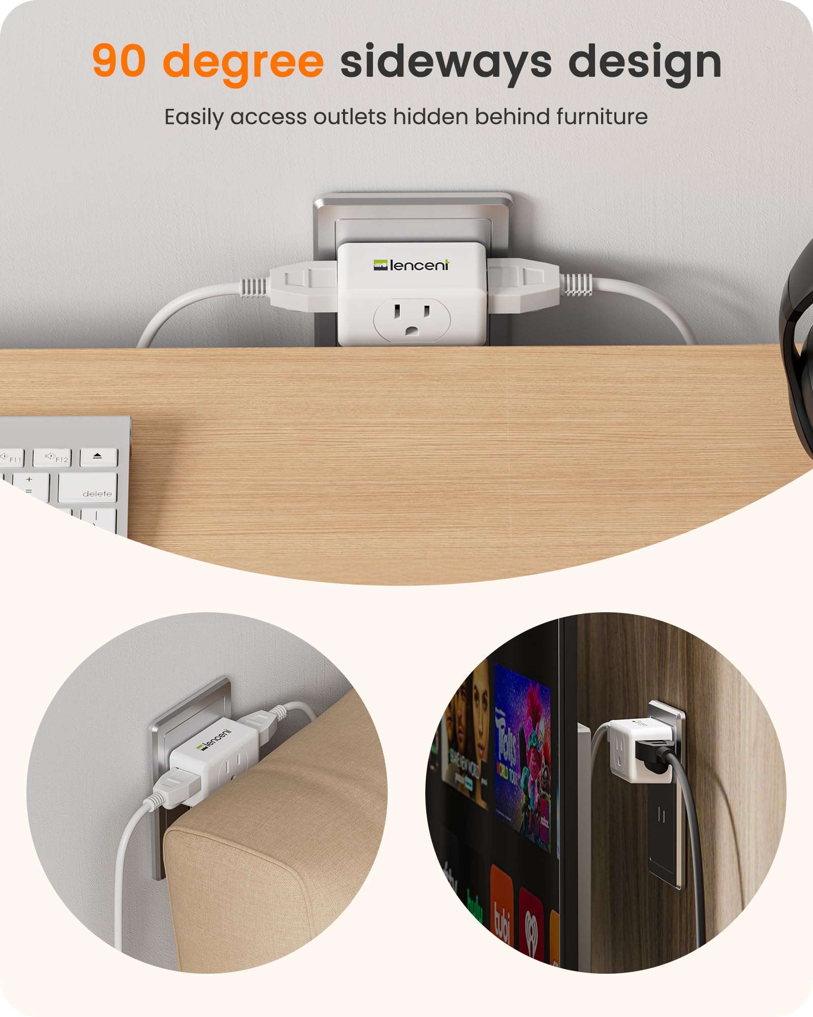LENCENT wall outlet adapter near hotel wall, non-blocking design.