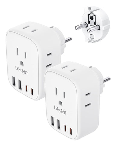 LENCENT travel adapter connected to an EU outlet powering four devices.