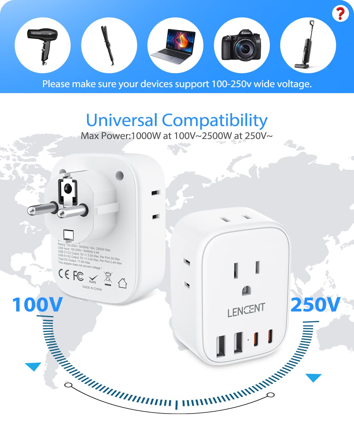 Schuko-compatible LENCENT adapter slides securely into sockets for stable power.