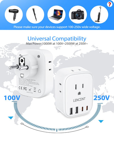 Schuko-compatible LENCENT adapter slides securely into sockets for stable power.
