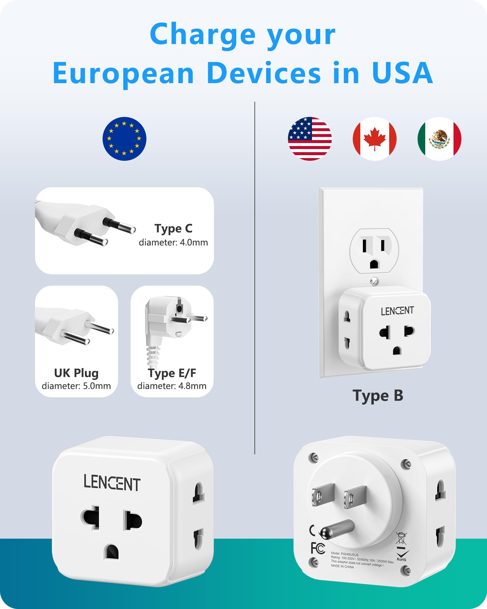 LENCENT travel adapter demonstrates compatibility with European devices in the US