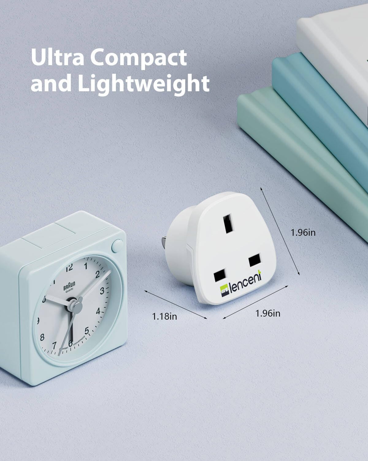 LENCENT UK devices connected to US outlet via travel adapter.