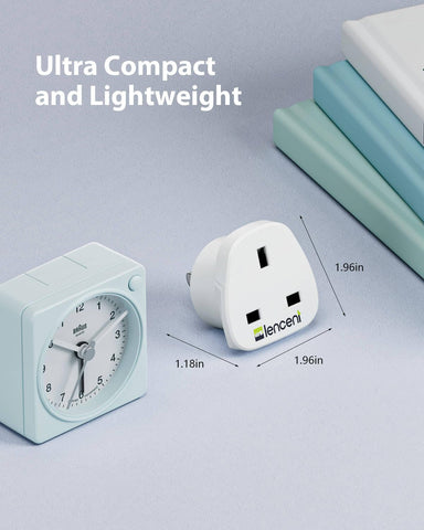 LENCENT UK devices connected to US outlet via travel adapter.