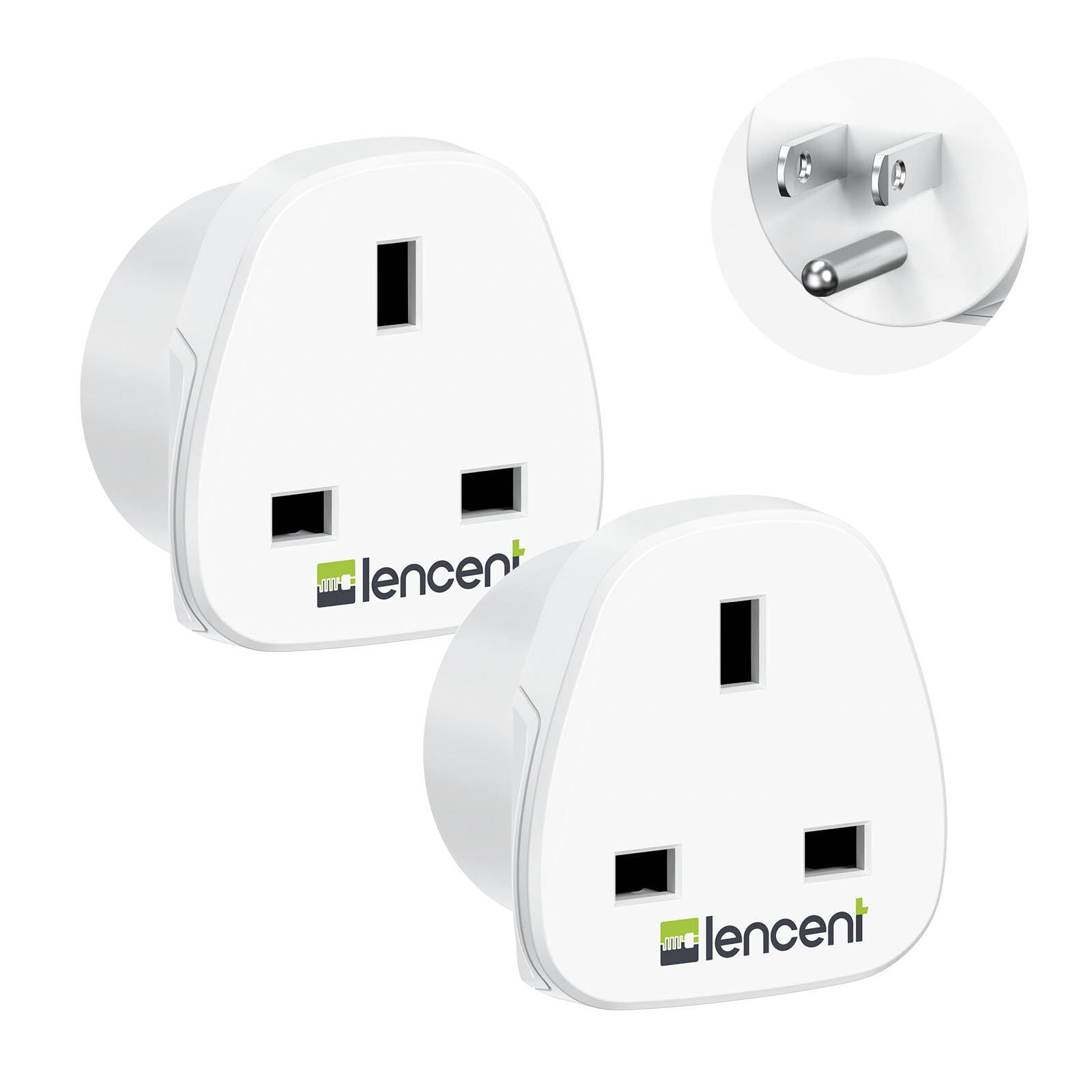 LENCENT UK-to-US plug adapter 2-pack ready for travel connections.