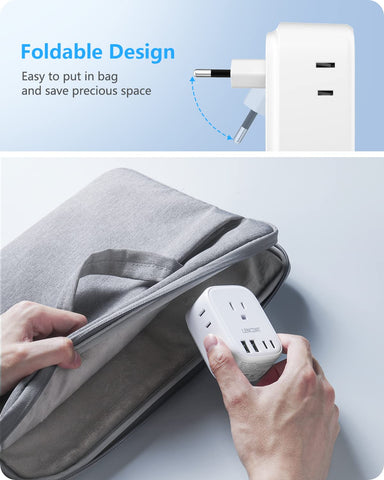 LENCENT US-to-Europe Type-C adapter with 4 outlets and 4 USB ports for travel