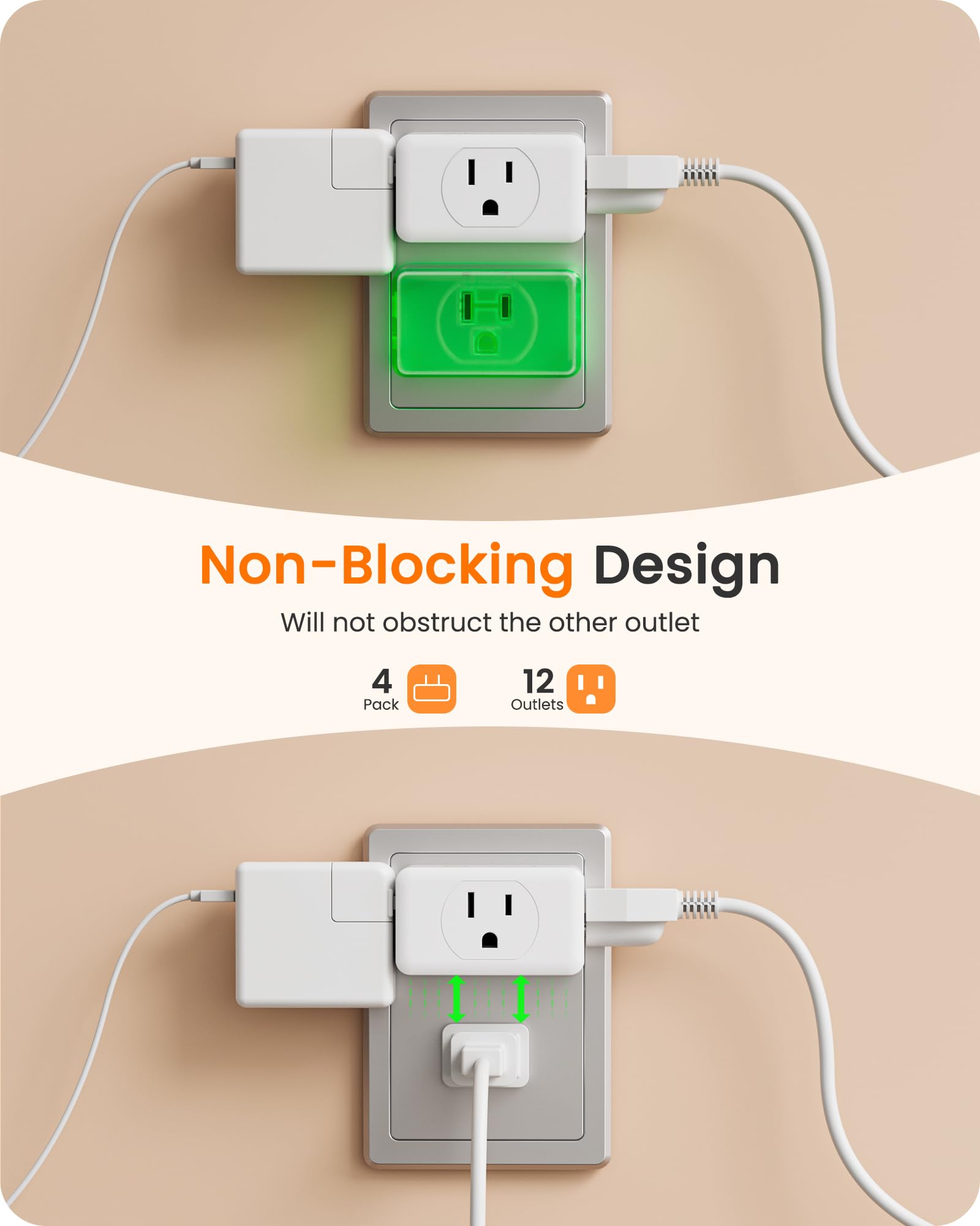 LENCENT three-outlet extender in-use outlet, charges multiple devices.