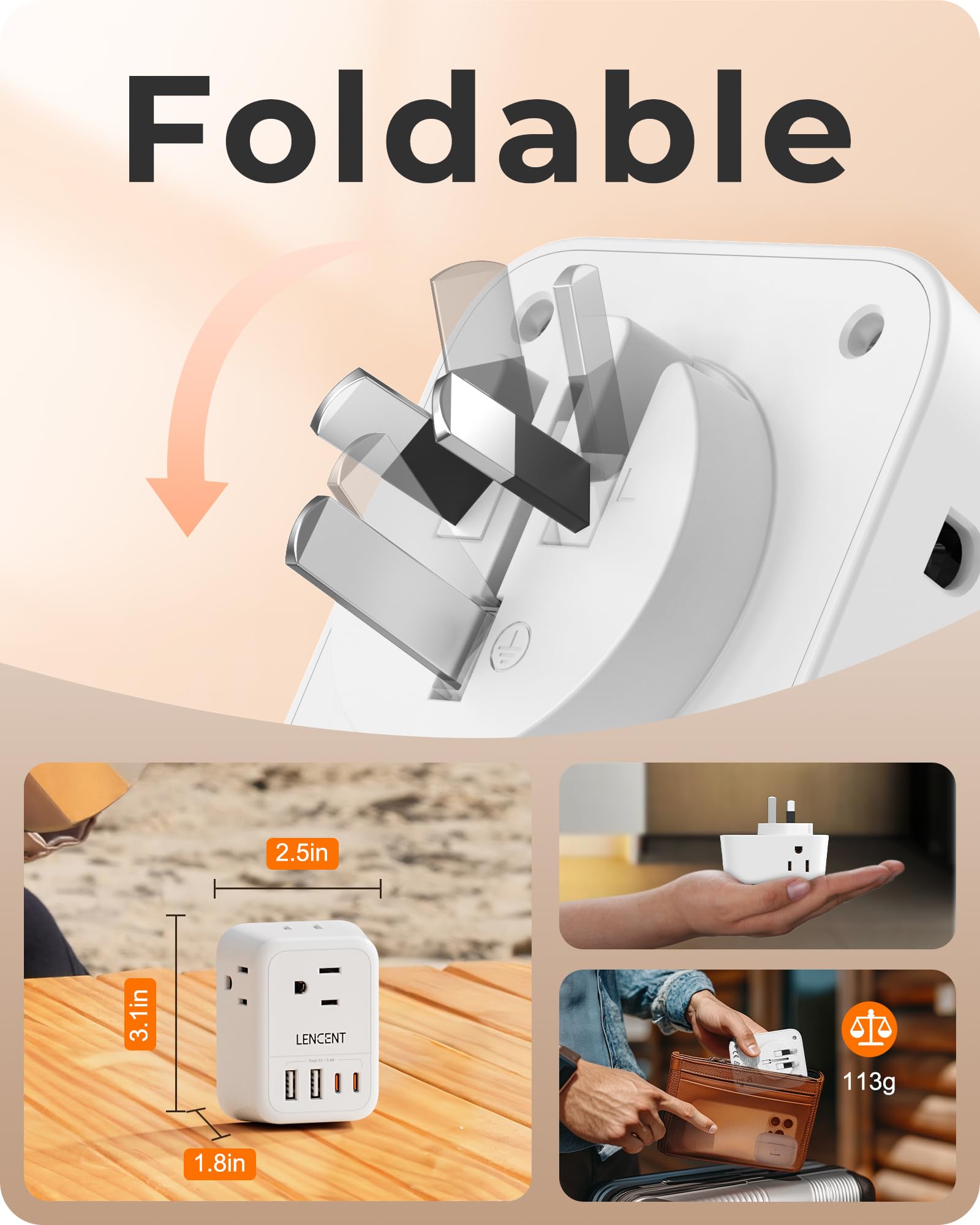 LENCENT USB-C and USB-A ports on the travel adapter for fast charging on the go.