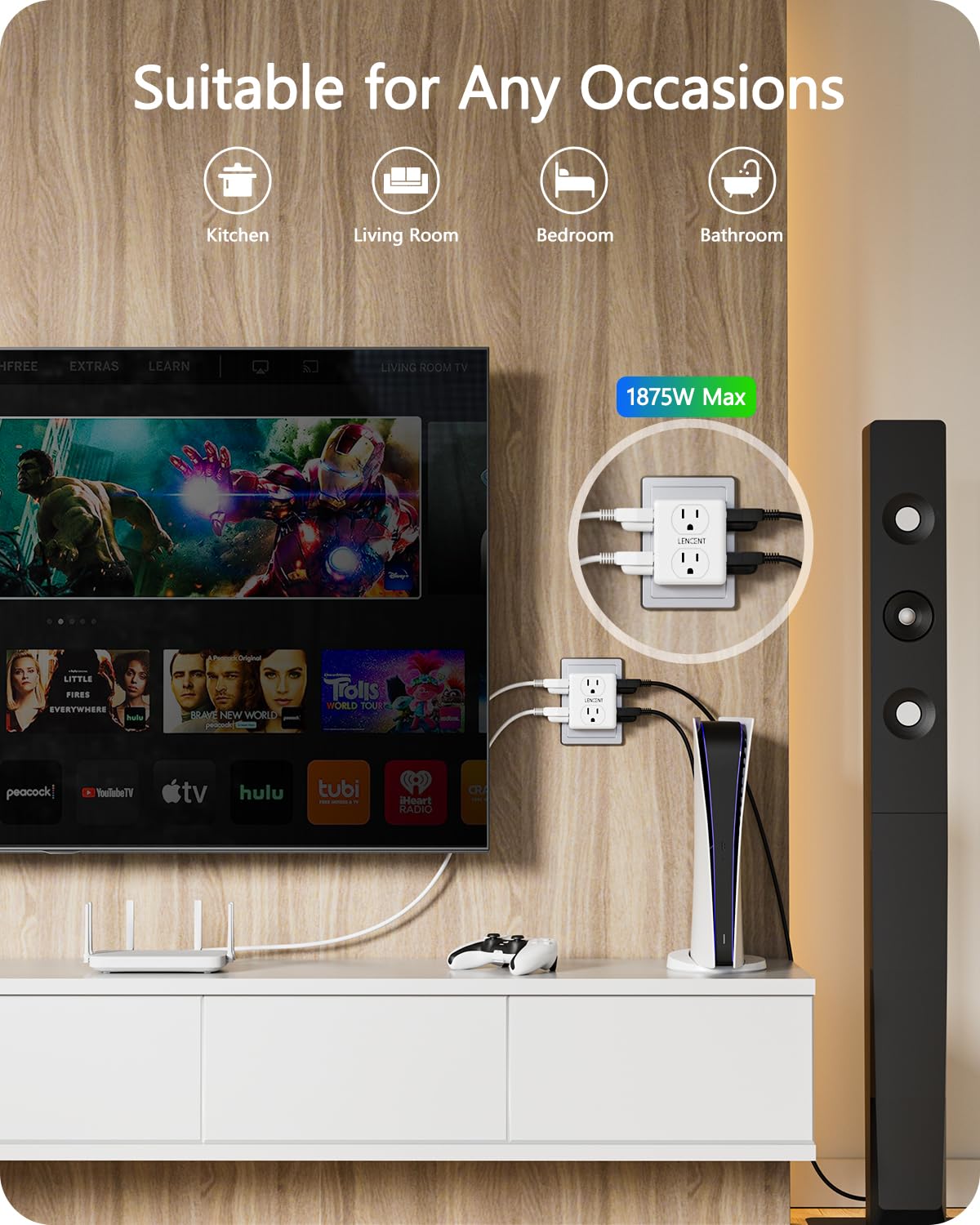 LENCENT wide-spaced outlets in use demonstrate simultaneous charging of devices.