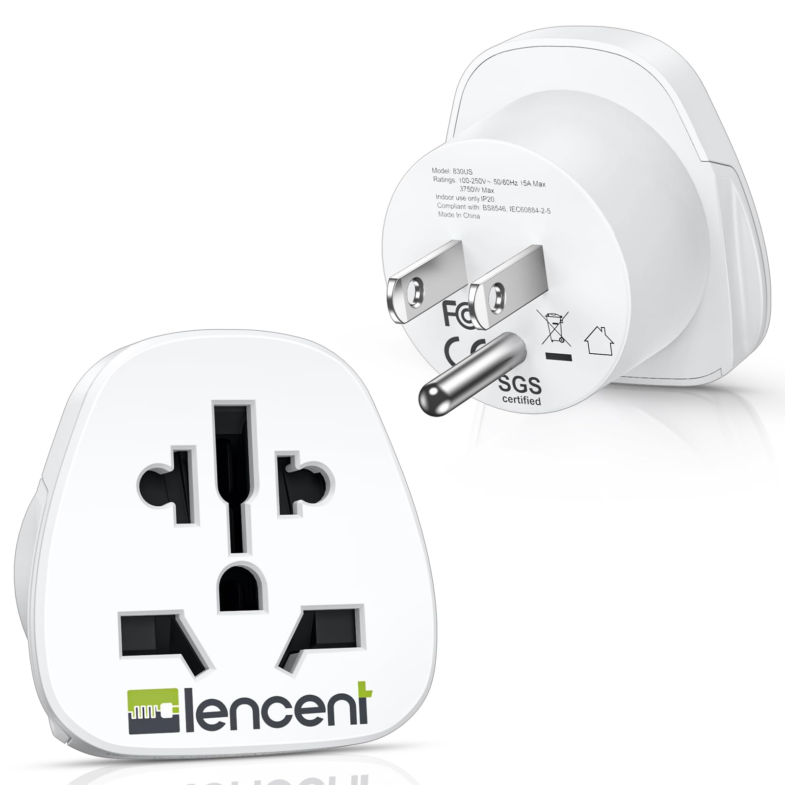 LENCENT World-to-US adapter used with EU plugs in a US outlet.