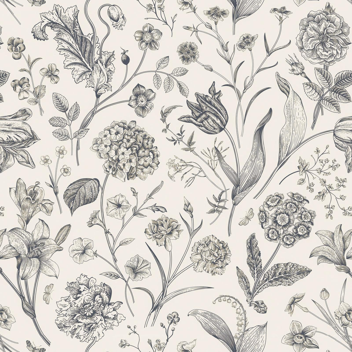 Lenify botanical wallpaper with flowers on white background for bright walls.