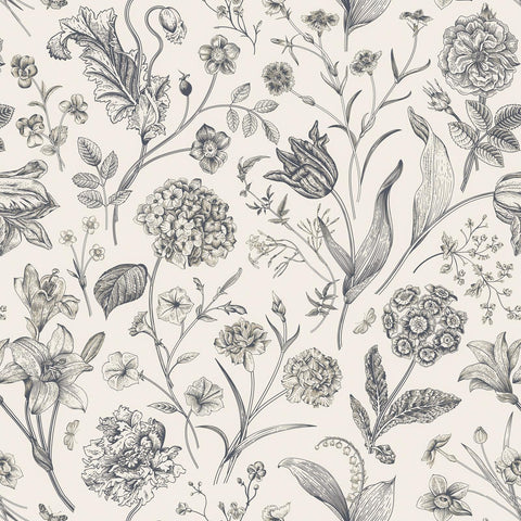Lenify botanical wallpaper with flowers on white background for bright walls.