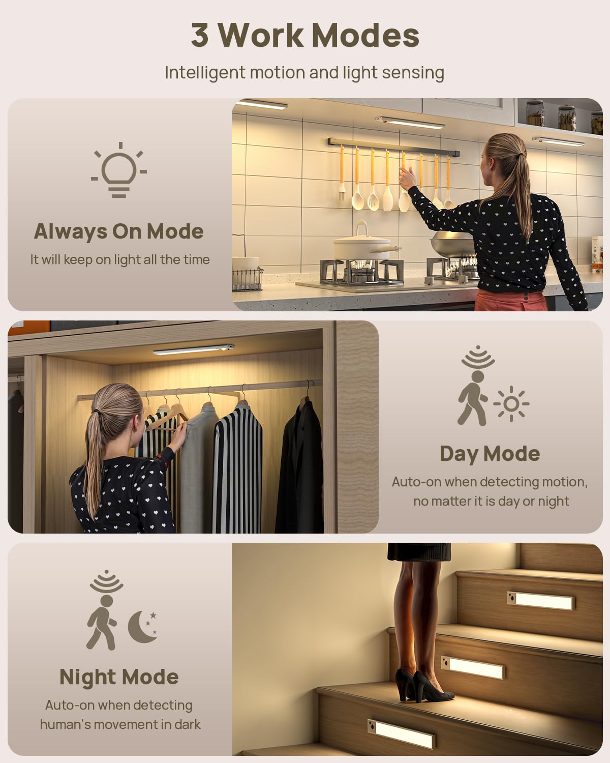 LENOMA night-mode lighting activates in dark settings with motion detection.