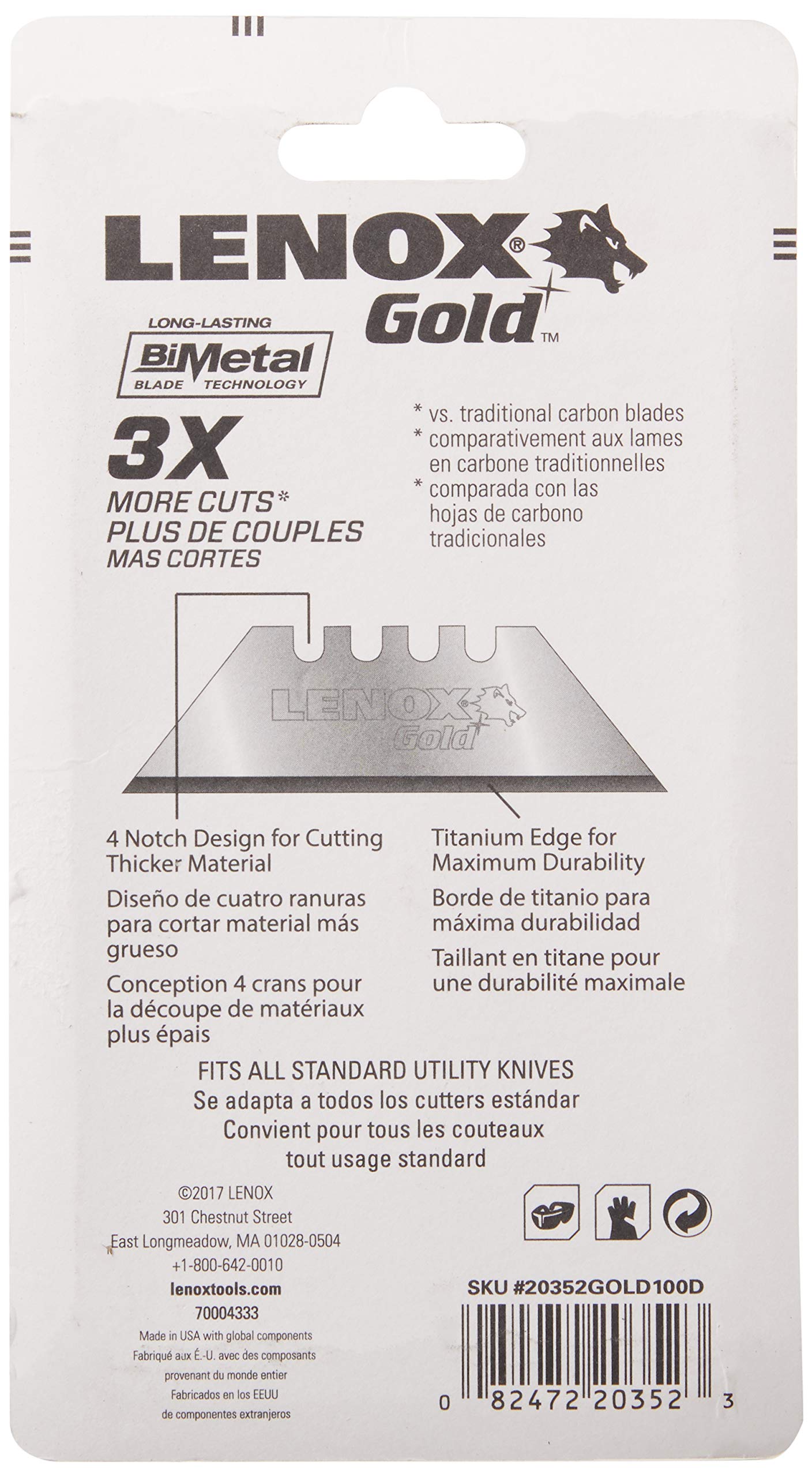Lenox Gold shatterproof back provides safety and stability during cuts.