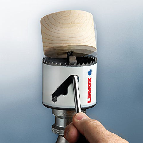 Lenox Hole Saw Kit with T3, plug removal system demonstrated during use.