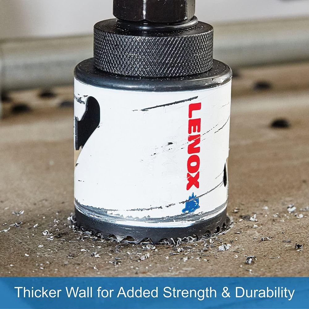 Lenox hole saw cutting metal and wood for clean, precise results.