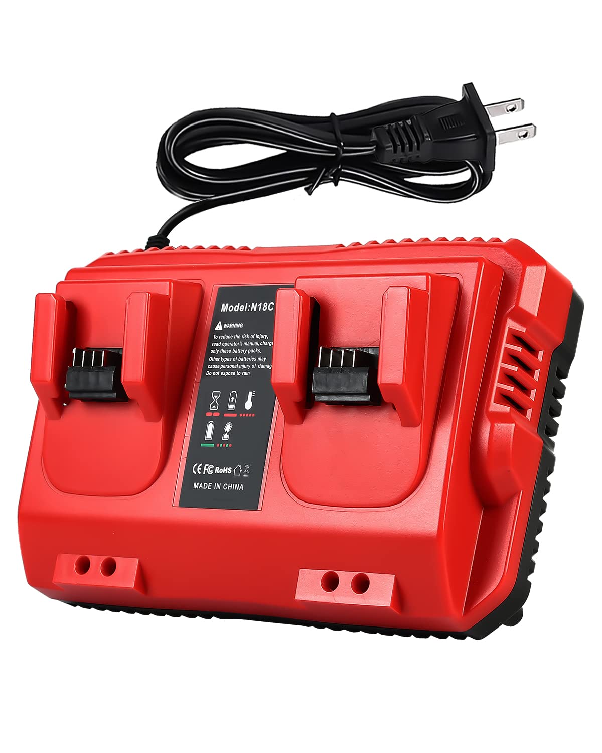 Lenoya 18V rapid charger front view with dual ports and LED indicator for Milwaukee batteries.