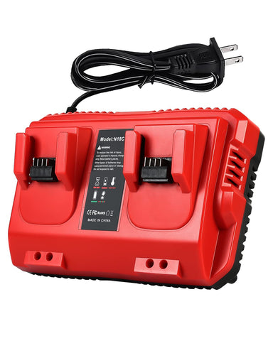 Lenoya 18V rapid charger front view with dual ports and LED indicator for Milwaukee batteries.