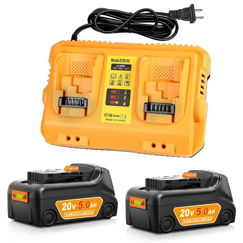Lenoya 2-pack 5.0Ah battery front view shows extended runtime for Dewalt 20V tools