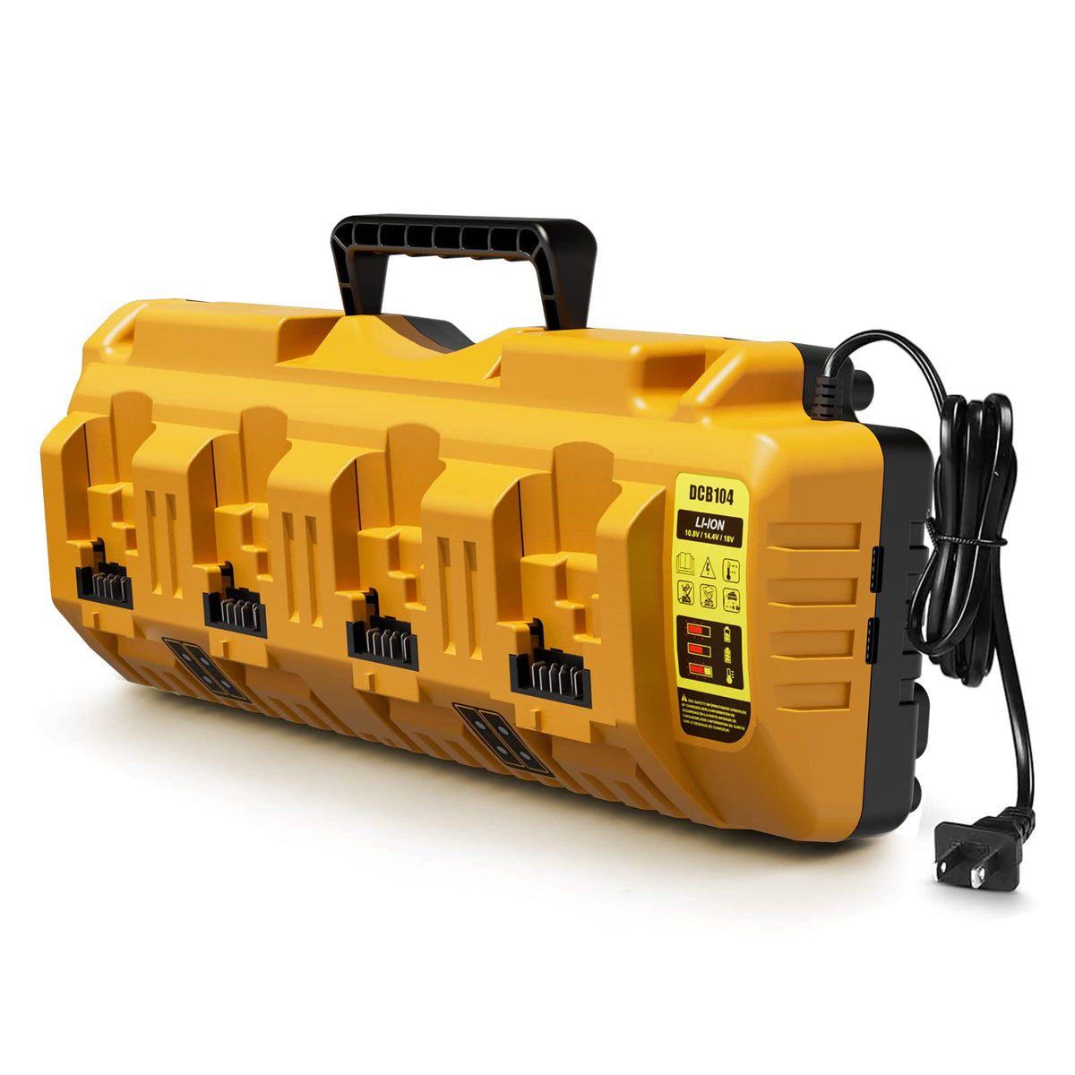 Lenoya DCB104 front view showing compact four-port charger for simultaneous Dewalt battery charging